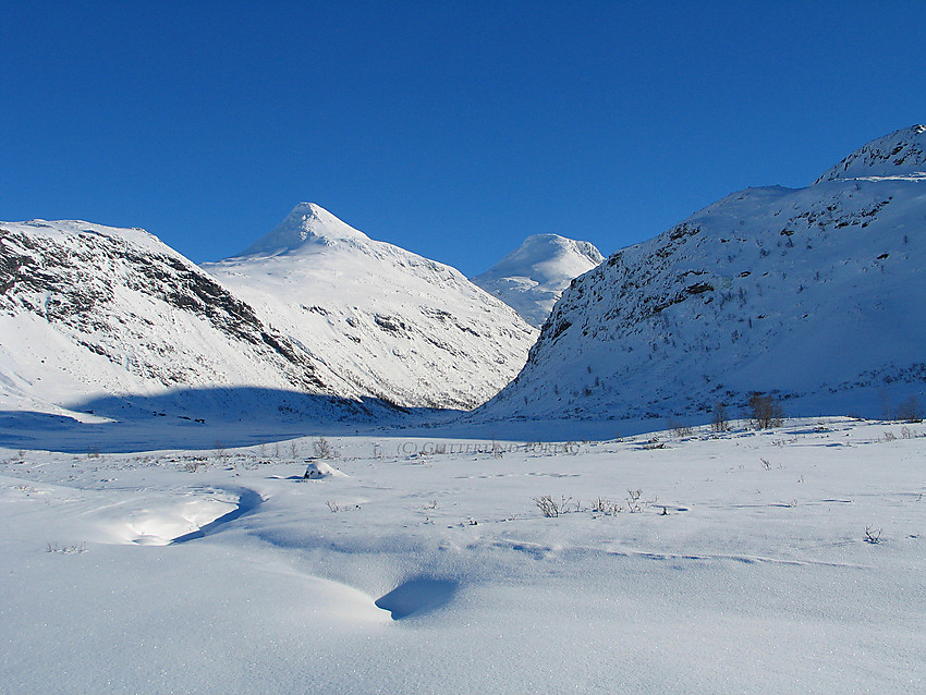 I Helgedalen en gnistrende februardag med utsikt mot Steindalsnosi og Fannaråken.