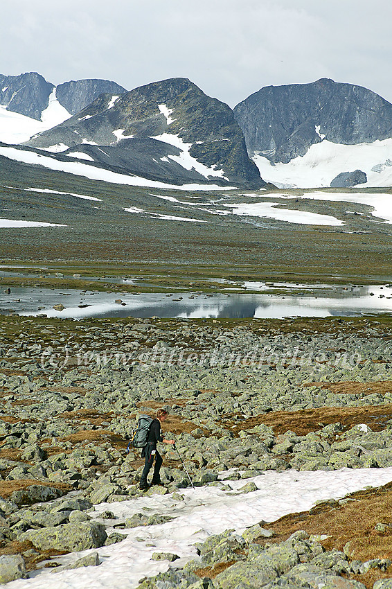 På vei innover Trollsteinkvelven med Grotbreahesten (2018 moh.) sentralt i bakgrunnen. Trollstein-Rundhøe (2170 moh.) til høyre. I bakgrunnen til venstre ses Dronningje (2189 moh.).