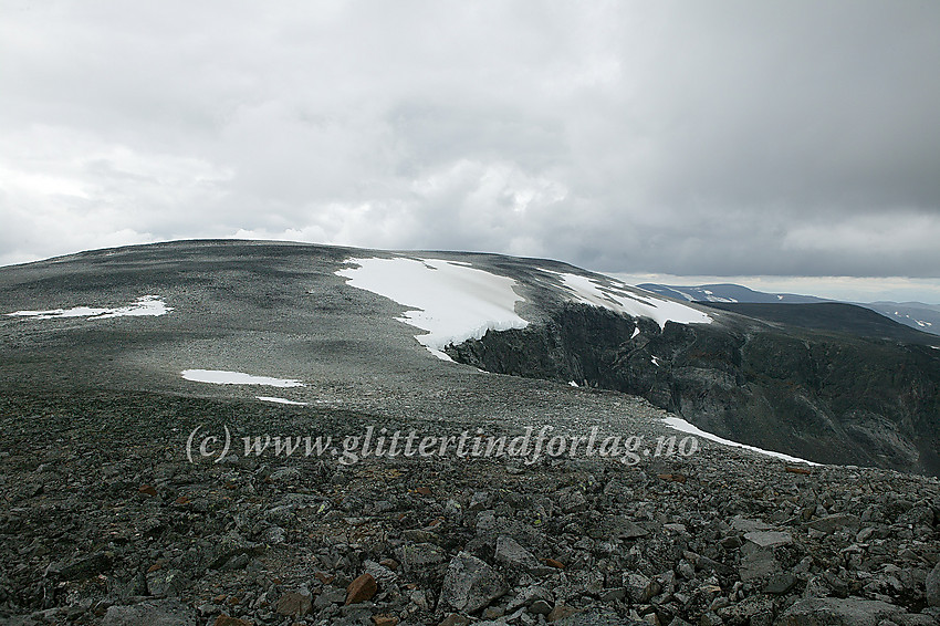 Utsikt fra Søre Trollsteinhøe (2161 moh.) nordover mot Store (Nørdre) Trollsteinhøe (2201 moh.), en av de flateste toppene i hele Jotunheimen.