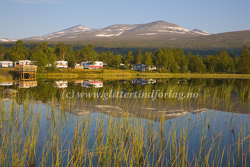 Morgenstemning ved Heimsand Camping med Nautgardstinden og Russli-Rundhøe som speiler seg i et lite tjern ved campingplassen.