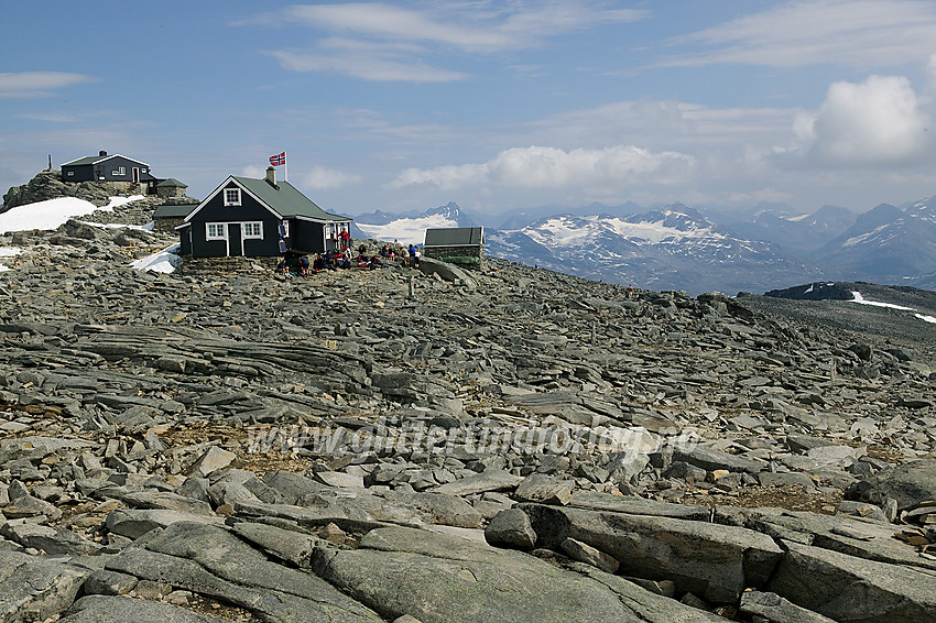 På Fannaråken i solskinn med utsikt innover Jotunheimen.