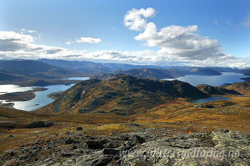 Utsikt fra topp 1475 moh på Fagerdalshøe mot bl.a. Kongskliknuppen og Mefjellet (1386 moh). Bak til høyre strekker Bygdin seg innover i fjellet.