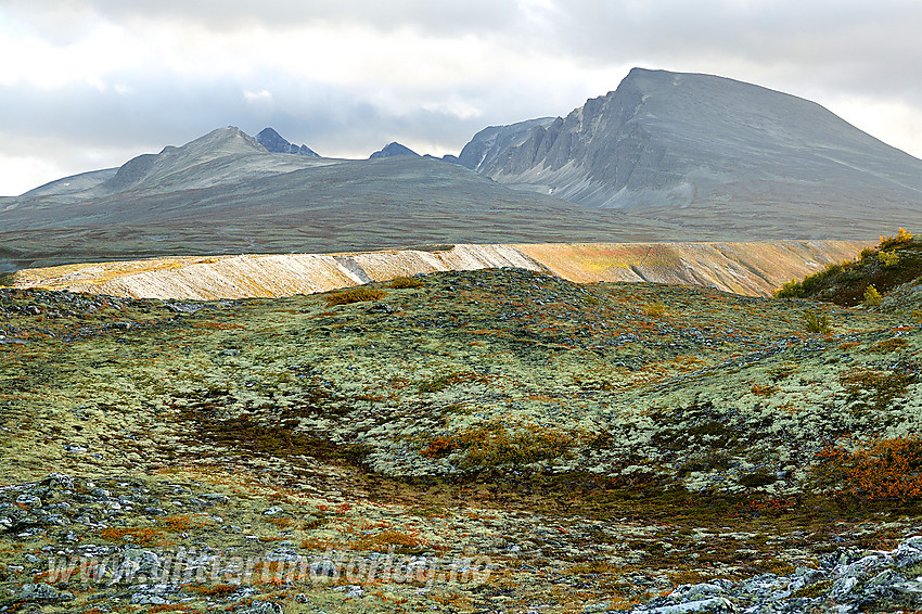 På tur oppover Dørålen med Smedhamran og Smedholet bak den opplyste terassen i forgrunnen. I bakgrunnen skimtes bl.a. Veslesmeden (2015 moh).