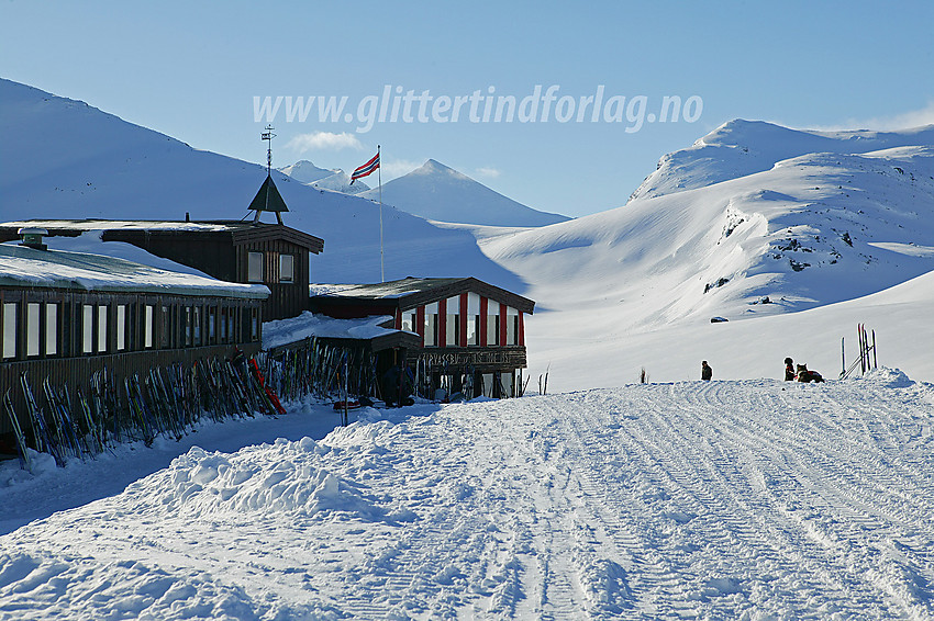 Utenfor Leirvassbu en gnistrende vinterdag med Høgvaglbandet og Skarddalstinden (2100 moh) i bakgrunnen.