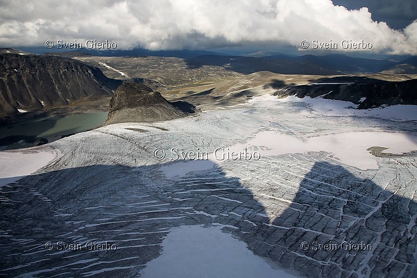 Grotbrean glacier and Trollsteinkvelven valley from Trollsteineggje. Jotunheimen National Park. Norway.