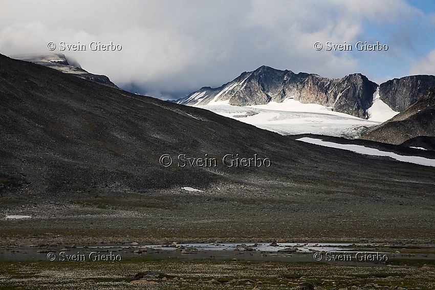 In Trollsteinkvelven valley. Loooking towards Trollsteineggje and Grotbrean glacier. Glittertinden, Norways second highest mountain, is obscured by clouds. Jotunheimen National Park. Norway.