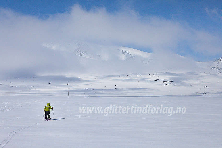 Liten skiløper på vei bortover Valdresflye.