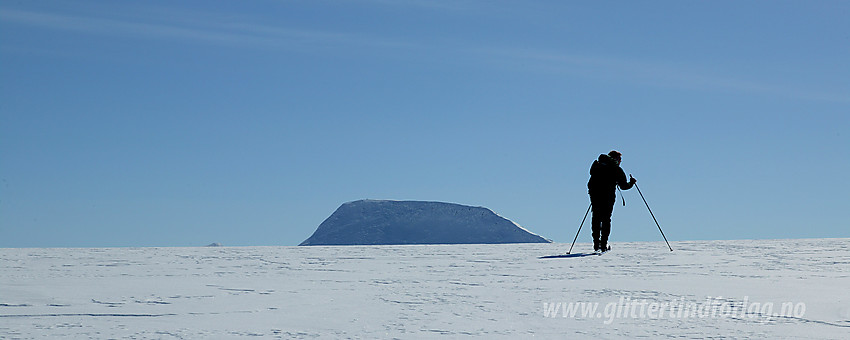 På vei ut på Holåbrean etter en lang tur opp fra Sota Sæter. I bakgrunnen ses toppen på Midtre Holåtinden (2047 moh).