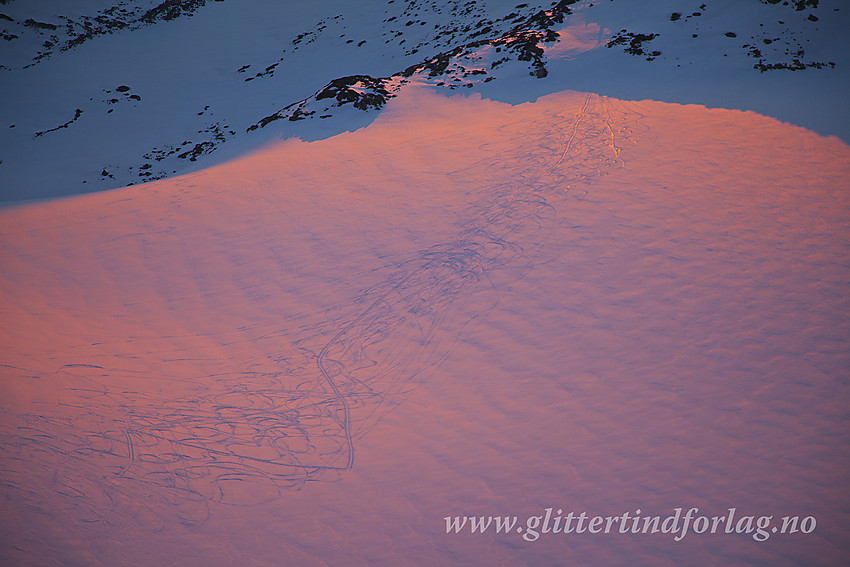 Tallrike skispor - krusseduller og streker, på Ringsbreen nedenfor Ringsskar. Bildet er tatt fra toppen av Austre Ringstinden ved solnedgang.