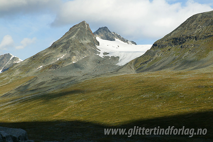 Øvre del av Visdalen mot Søre (2058 moh) og Store (2213 moh) Bukkeholstinden. Breen er Bukkeholsbrean. Bildet er tatt i nedre del av nordryggen på Store Urdadalstinden.