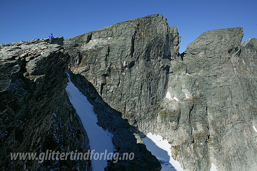 På sørøstryggen mot Vesttoppen (2253 moh) på Snøhetta og Hettpiggen (2261 moh).