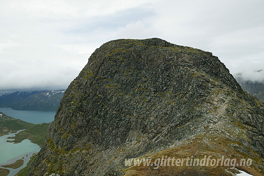 Knutshøe (1517 moh) fra øst. Den siste kneika opp her kan på avstand virke litt bratt og skremmende for noen, men den løser seg i grunnen greit opp. Litt lett klyving er det imidlertid en kort passasje.