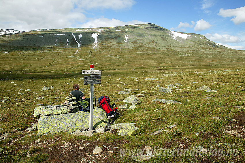 Pause ved stidele i Breidløypdalen mot høyde 1854 sør for Rasletinden. Stien fra Valdresflye deler seg her. En variant går gjennom Fagerdalen til Fagerstrand, mens en annen går vestover ned til stien mot Torfinnsbu.