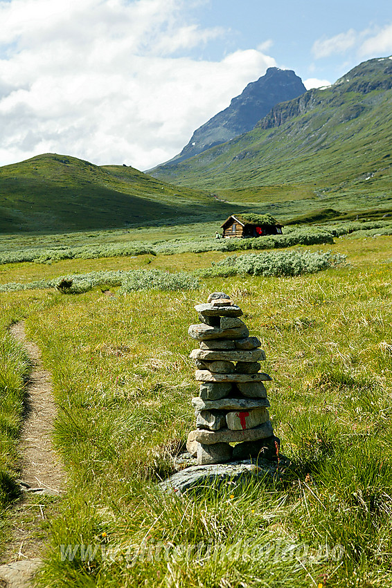 På stien langs Bygdin ved Hestevollen. Torfinnstindane i bakgrunnen.