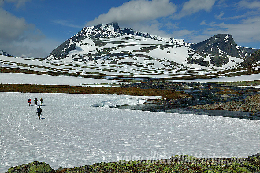 På vei oppover Svånådalen med kurs mot bl.a. Storstygge-Svånåtinden (2209 moh) som dominerer i bakgrunnen. Bruri (2001 moh) ses også.