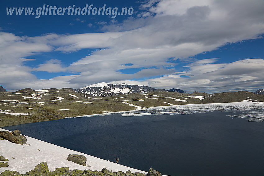 På vei opp bratt kneik fra Hinnåtetjønne mot vest. Hinnåtetjønne og Surtningssue (2368 moh) i bakgrunnen.