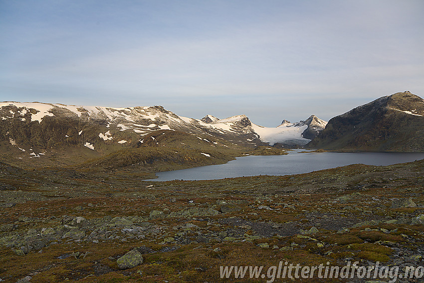 På bandet sør for Store Mjølkedalsvatnet med utsikt innover til Mjølkedalsbreen.