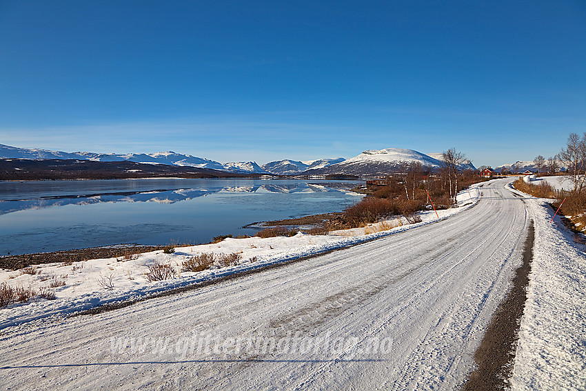 På Panoramaveien like sør for Nøsen fjellstue. I bakgrunnen snødekte fjell som speiler seg i Storfjorden.