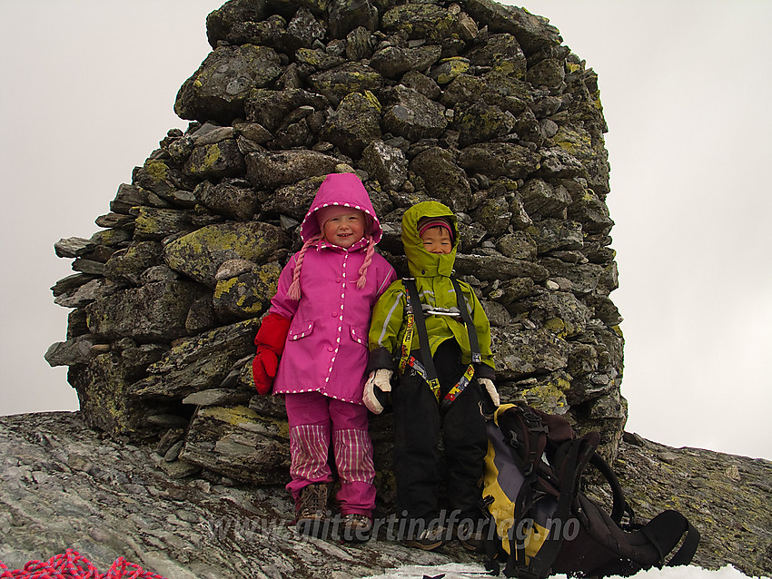 To små på toppen av Skaget (1686 moh). Gått selv også, ikke verst, i surt vær.