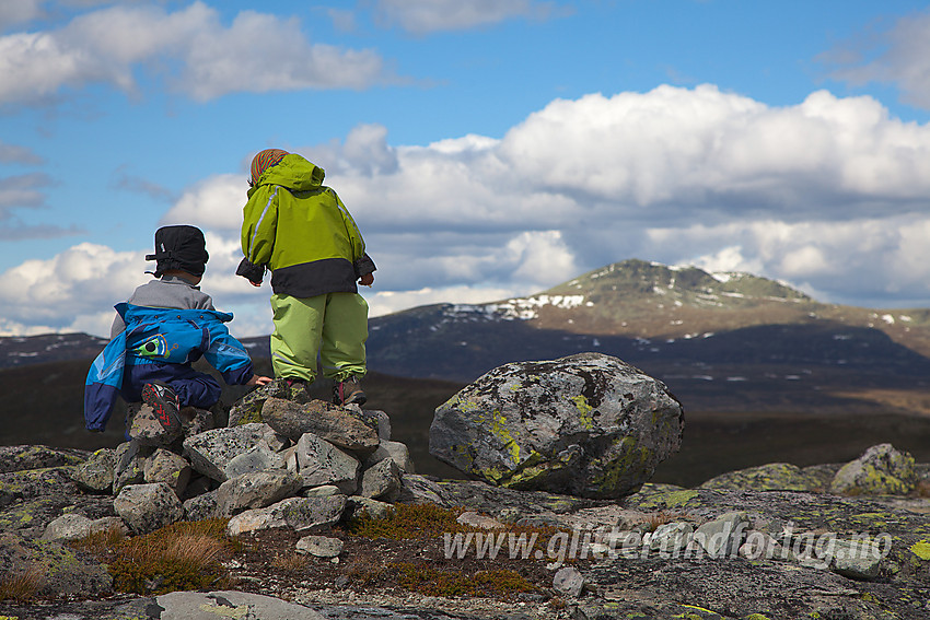 Unge fjellvandrere på toppen av Gravfjellet i Øystre Slidre med Skaget i bakgrunnen.