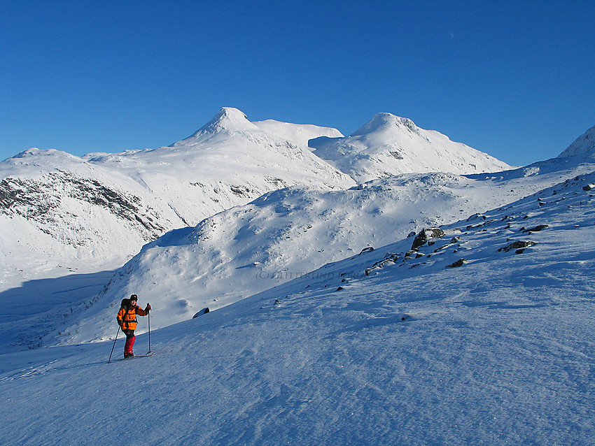 Skiløper på vei oppover Dyrhaugsryggen på skitur fra Turtagrø. I bakgrunnen dominerer Store Steindalsnosi til venstre og Fannaråken til høyre.