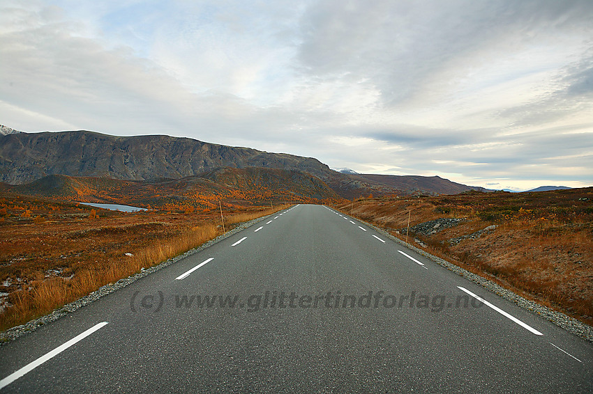 Riksvei 51 over Valdresflye. Bildet til Vargbakkan. I bakgrunnen blant annet Gjendehøe og Veslfjellet.