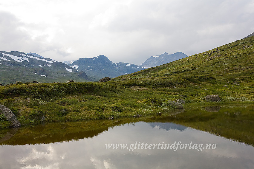 Ved stien mot Surtningssue gjennom Memurudalen passerer man et lite vann. Deler av de vestre Memurutindane kan sees i bakgrunnen til høyre.