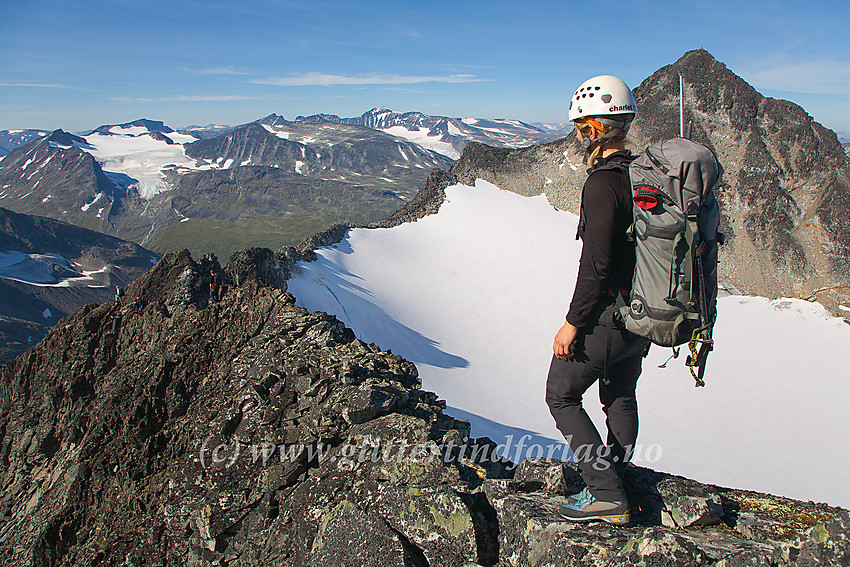 På vei ned nordryggen på Store Hellstugutinden, et lite stykke nedenfor de mest krevende hamrene,. I bakgrunnen til høyre ruver Midtre Hellstugutinden (2339 moh.)