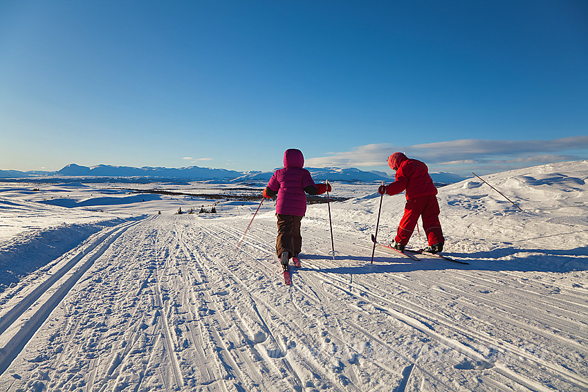 På vei ned fra Syni med vidt og åpent utsynt som her mot fjella i retning Hemsedal med Skogshorn (1728 moh) helt til venstre.