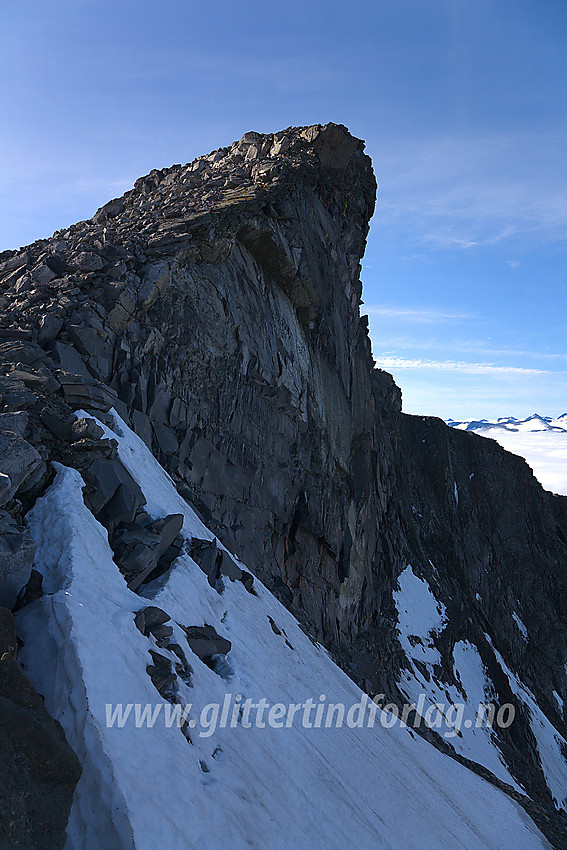 Nordøstryggen på Nautgardstinden (2258 moh) med et steilt stup til høyre ut mot Stornautgarden.