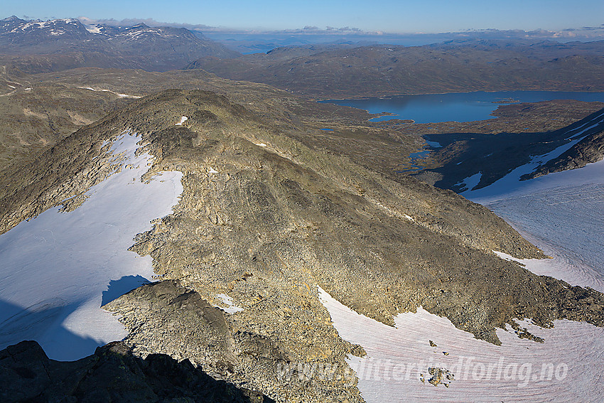 Fra Koldedalstinden med utsikt østover. Koldedalsbreen nede til høyre og Tyin lenger bak. Litt av Gjendealpene bak til venstre.