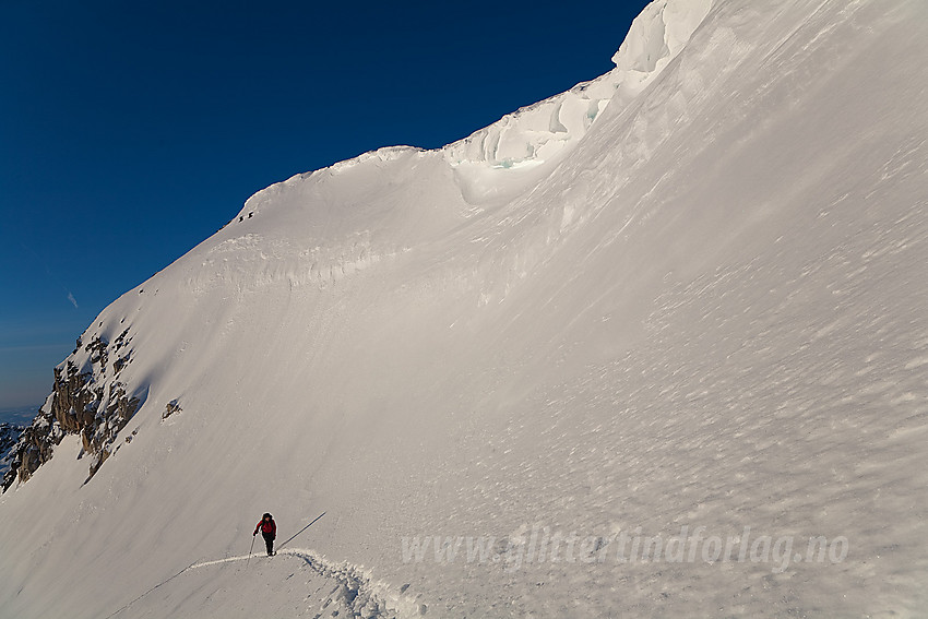 Skiløper på vei opp den siste bratte kneika fra Surtningssubrean opp mot topplatået.