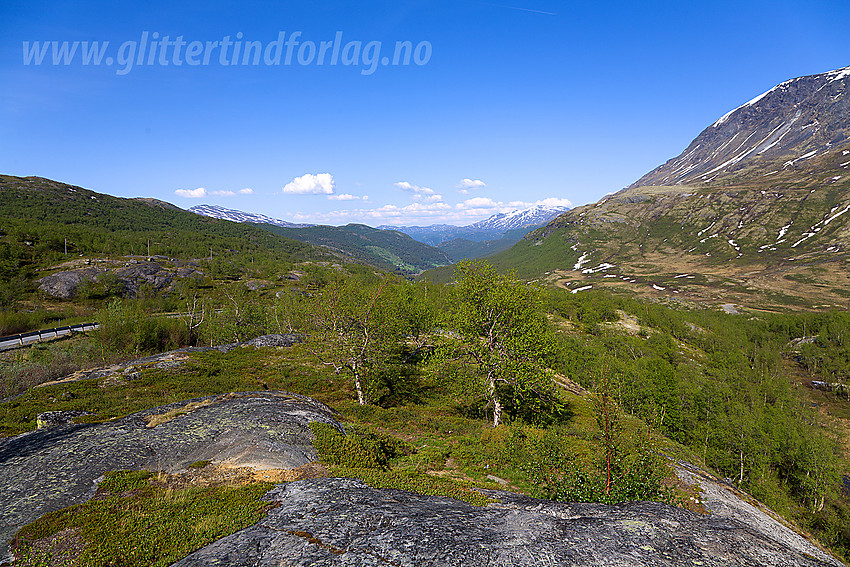 Oppe ved Bøverkinnhalsen med utsikt nedover Leirdalen.