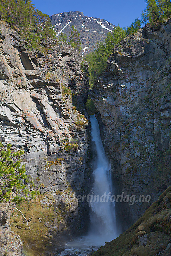 Storjuvfossen med litt av Galdhømassivet i bakgrunnen.