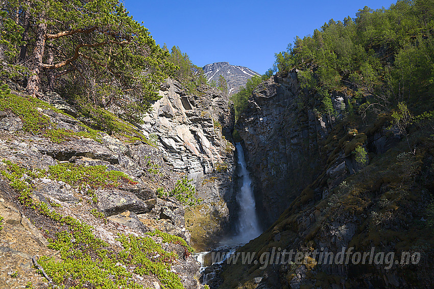 Storjuvfossen med litt av Galdhømassivet i bakgrunnen.