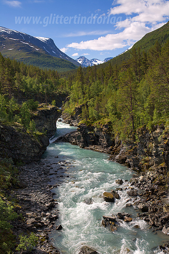 Visdalen med Visa en flott sommerdag. I bakgrunnen ruver snødekte tinder.