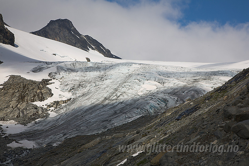 Ved fronten på Bukkeholsbrean med Store Bukkeholstinden (2213 moh) i bakgrunnen.