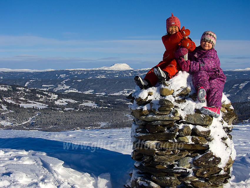 På toppen av Saukollen (1051 moh) på Vaset (toppen av skitrekket). I bakgrunnen ses Rundemellen.