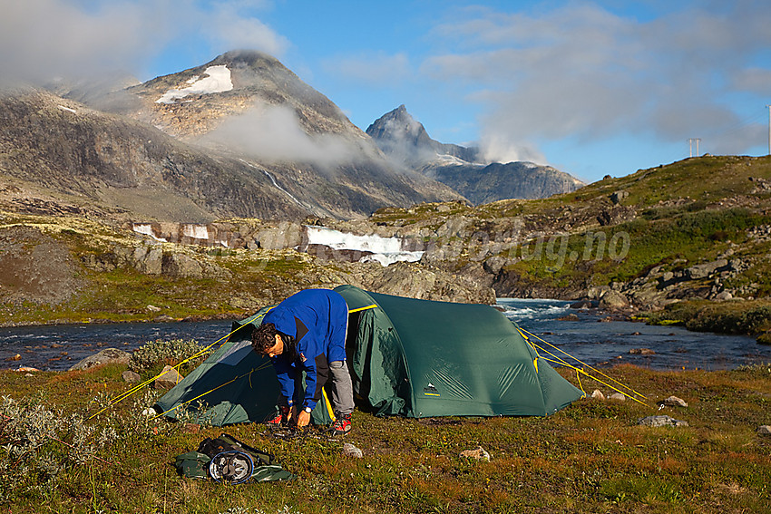 Teltleir i Koldedalen med Falketind (2067 moh) i bakgrunnne.