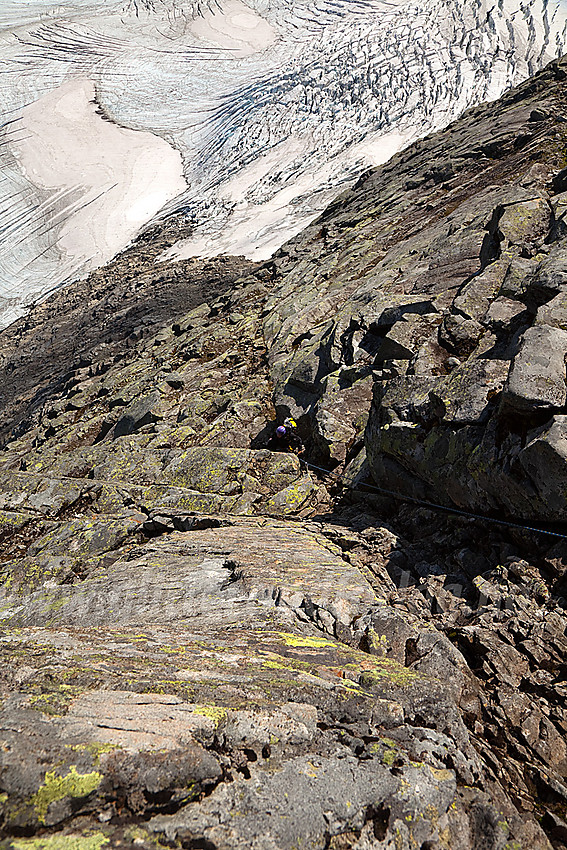 På vei opp den siste biten av pionérruta fra Falkbreen mot Falketind.