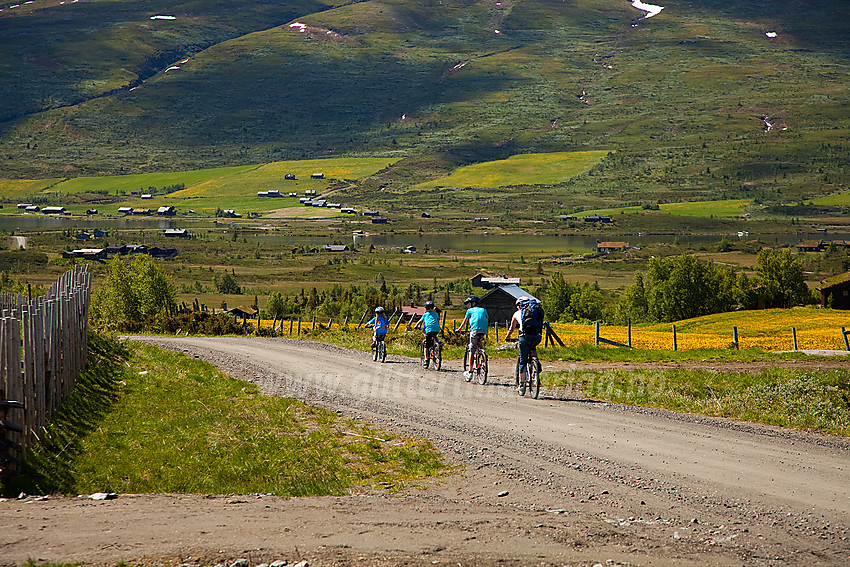 Syklister passerer forbi Syndinstøgo med Gilafjellet i bakgrunnen.