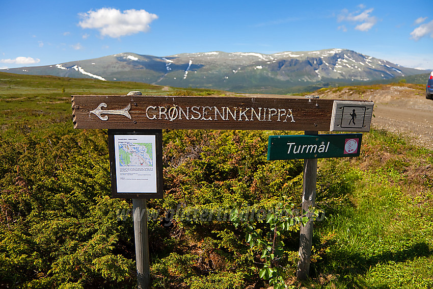 Skilt ved stistart mot Grønsnnknipa på høgda nord for toppen.