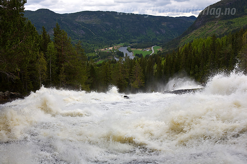 På vei oppover mot Kverviljuvet langs Hølera. Her med en flomstor Hølera i forgrunnen og Begnadalen i bakgrunnen.