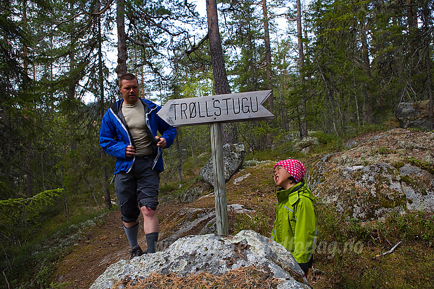 Ved stien mot Kverviljuvet med skiltet avstikker til "Trøllstugu". Ei hule i Høleraelva som man kan gå inn i ved liten vannføring.