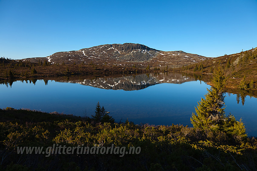 Ved det innerste av Melletjerna en fredfull sommermorgen med Skarvemellen (1267 moh) som speiler seg.