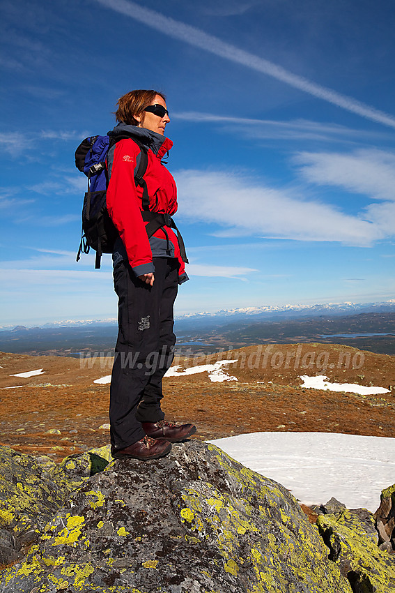 På toppen av Spåtind en flott sommerdag med Jotunheimens snøhvite tinder i bakgrunnen.