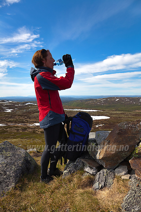 Drikkepause på retur fra Spåtinden mot Feplassen, like ved 1197 moh-høyden.