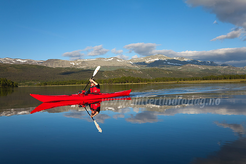 Padling på Bukonefjorden i Vestre Slidre en nydelig sommermorgen med Veslebotnskarvet (1778 moh) i bakgrunnen.