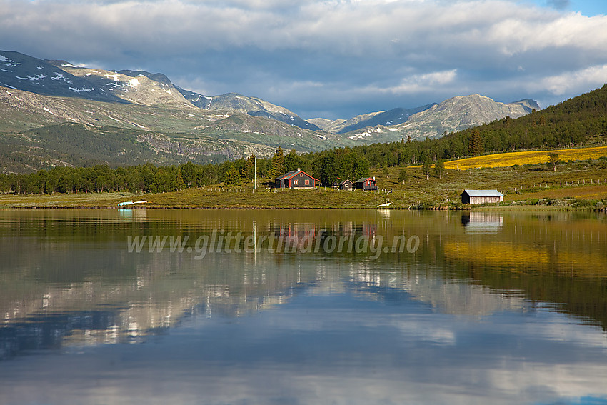 Fra en padletur på Bukonefjorden, like ved Bukonestølen, en sommerdag. I bakgrunnen ses Hydalsberge.