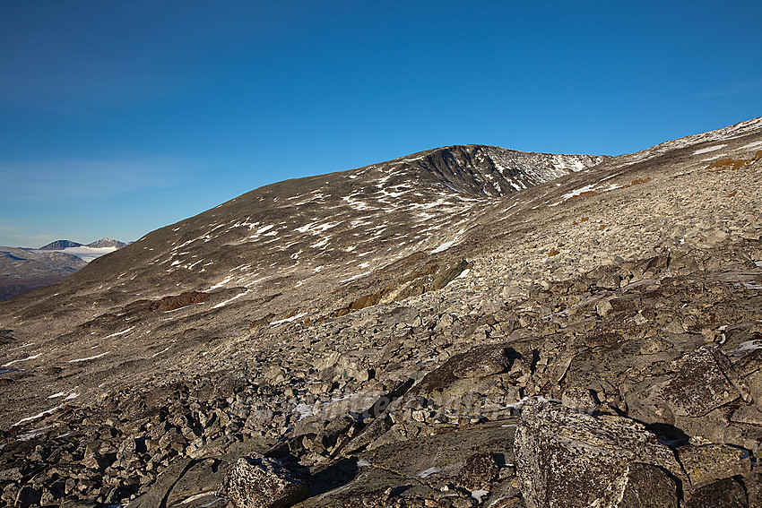 I flanken under Veslbreatinden med Veslfjelltinden (2157 moh) i bakgrunnen.